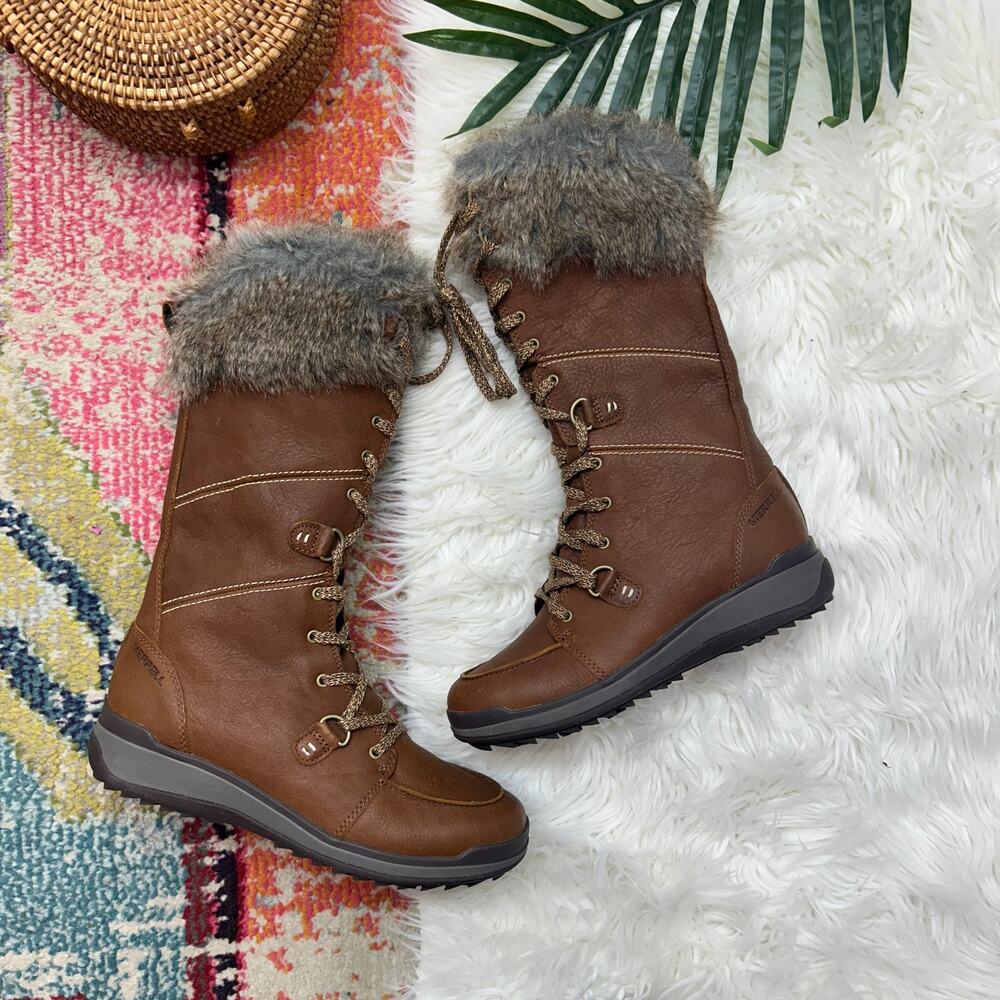 Merrell Snowcreek Tall Polar Waterproof Boots 6.5 Leather Faux Fur Winter Snow